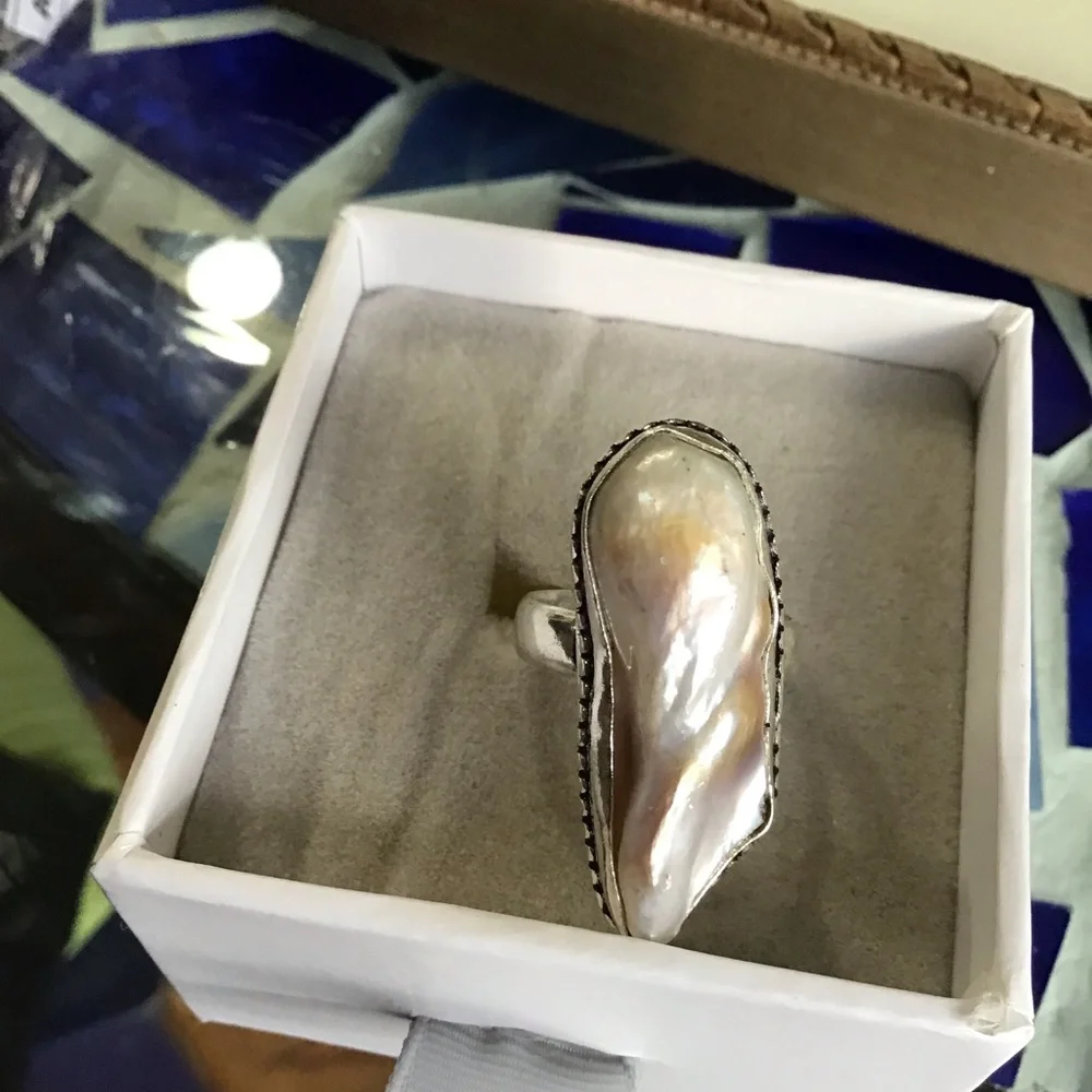 Sterling Silver Genuine Biwa Pearl Large Ring Size 8 New - Picture 4 of 5